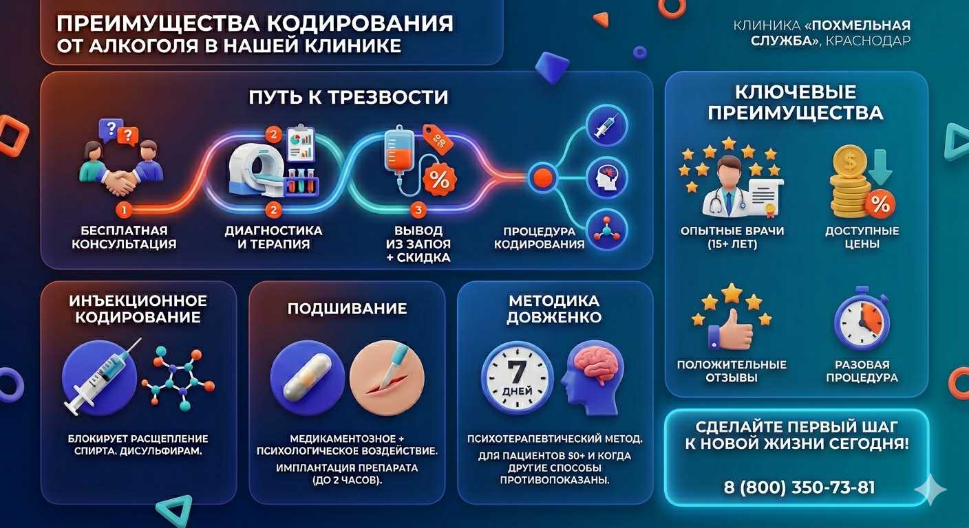 Инфографика о методах кодирования от алкоголя в Верх-Усуглях: инъекции, подшивание, метод Довженко. Преимущества клиники и этапы лечения.