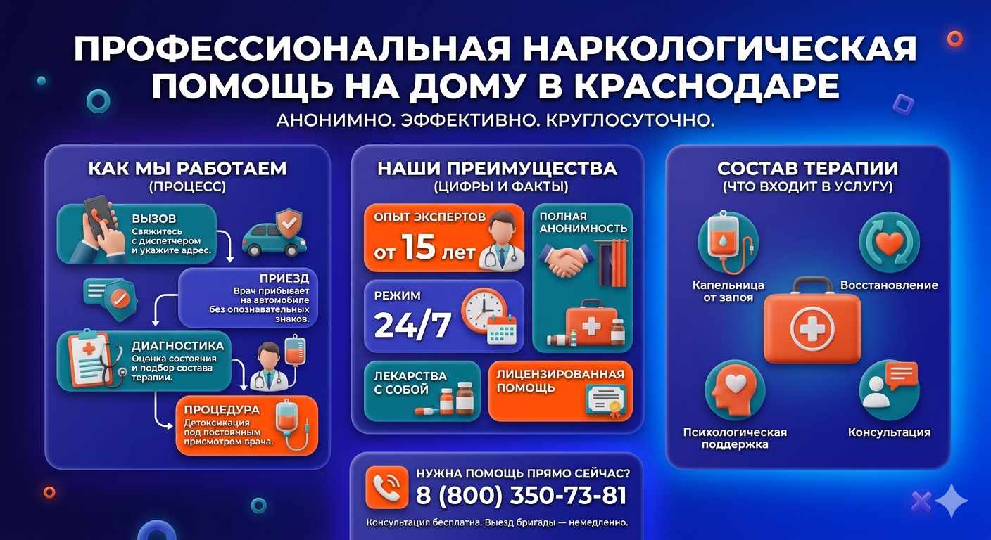 Инфографика о принципах лечения алкоголизма на дому в Верх-Усуглях: этапы вызова нарколога, преимущества анонимной детоксикации и состав медицинской помощи.